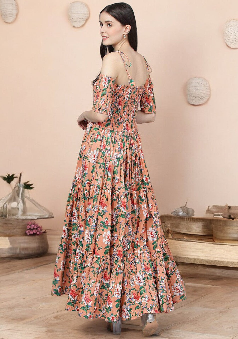 Peach Floral Printed Shoulder Strips Flared Long Dress