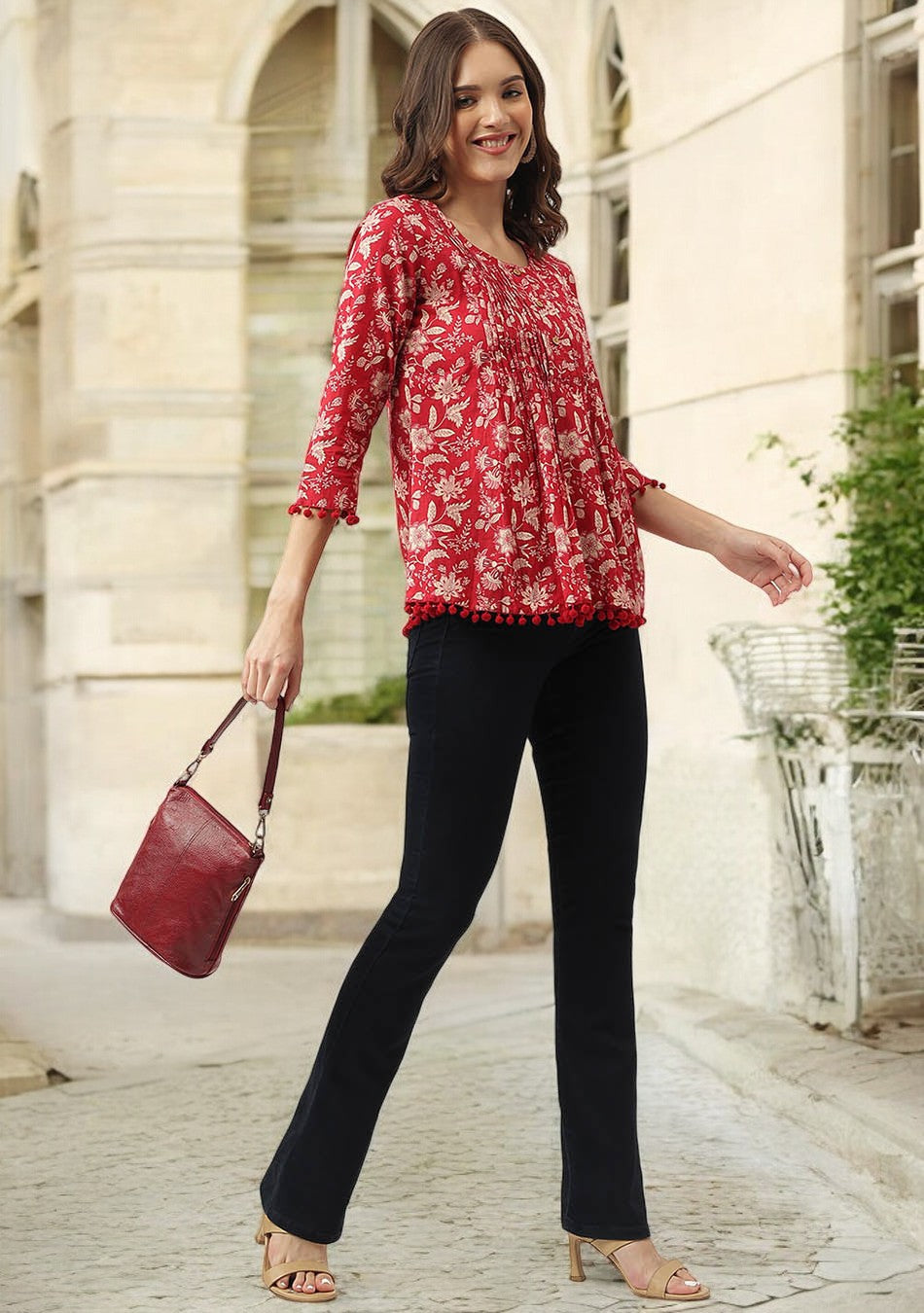 Red Floral Printed Cotton Peplum Top