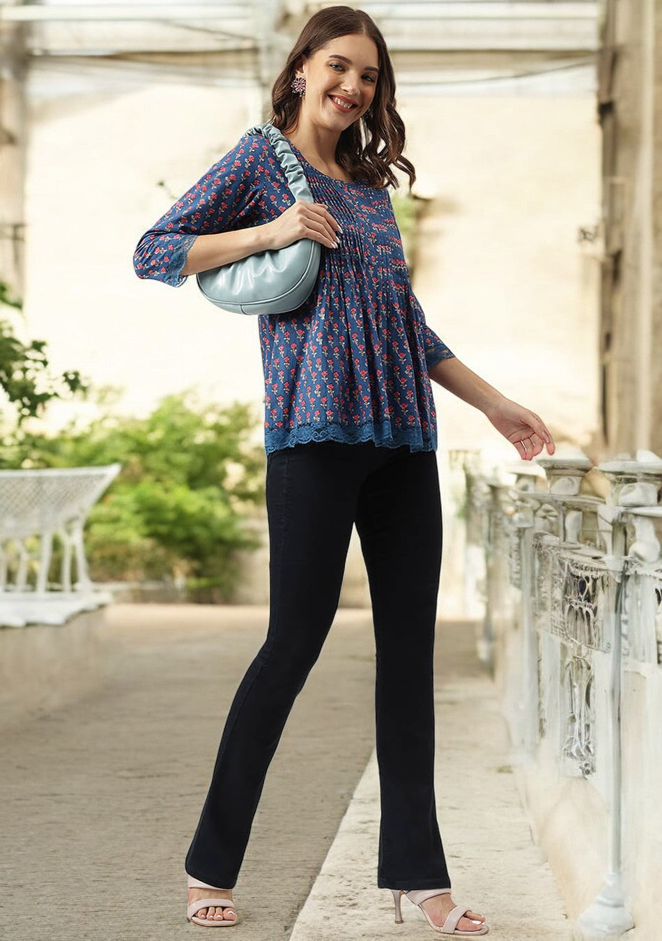 Navy Blue Floral Printed Cotton Peplum Top