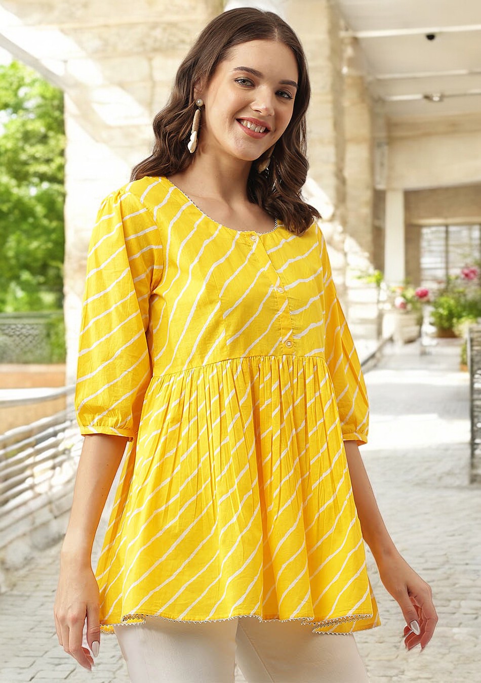 Stripe Printed Yellow Regular Cotton Top