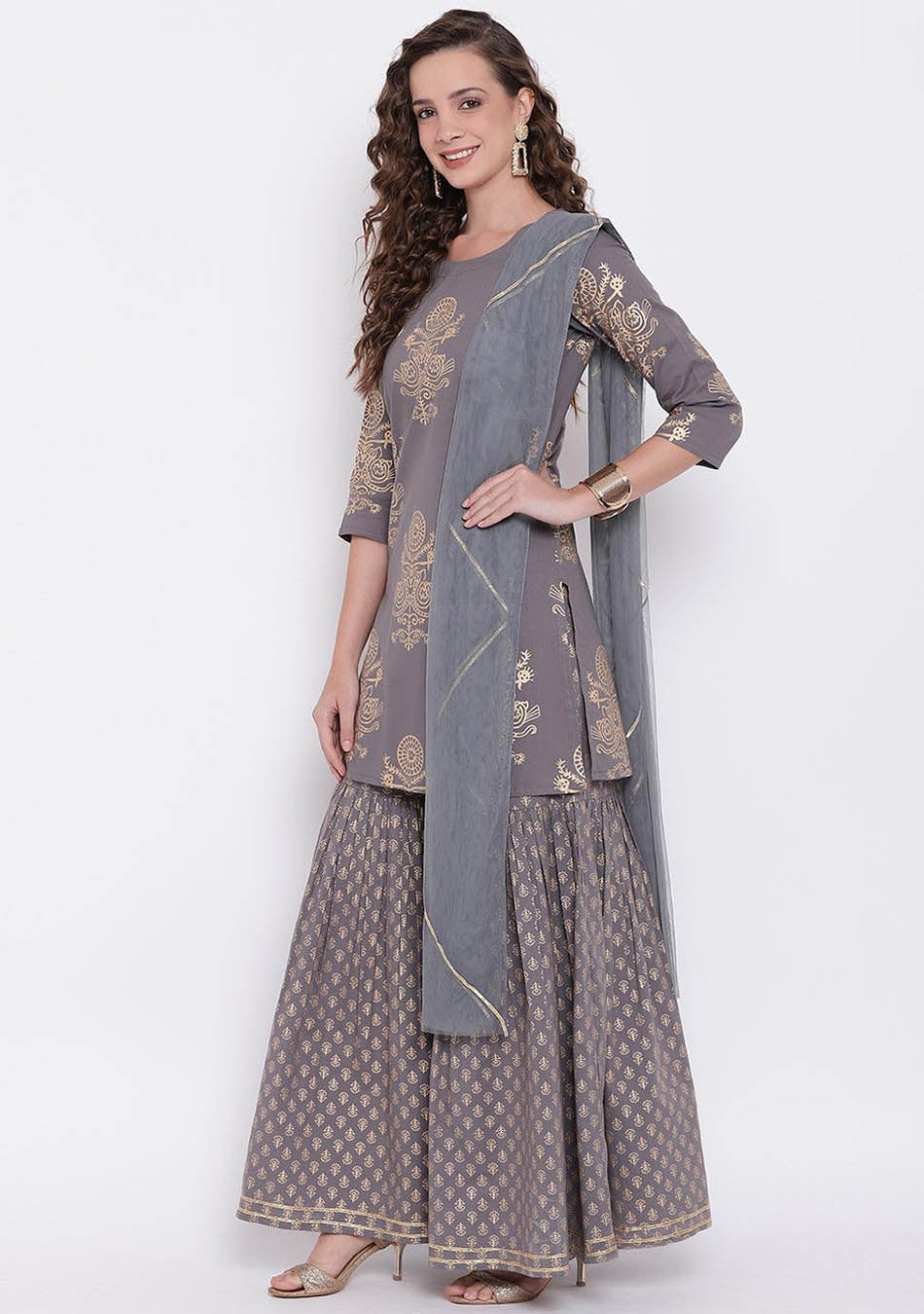 Grey Foil Print Cotton Sharara Set with Net Dupatta