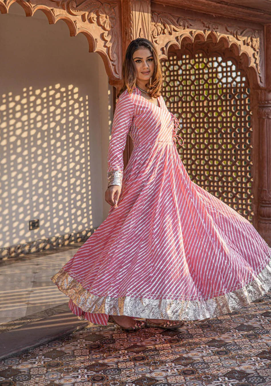 Pink Leheriya Cotton Anarkali With Copper Lace