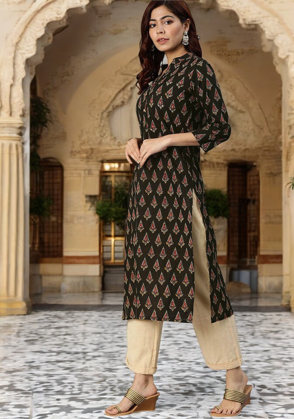 Black Buti Print Cotton Kurta