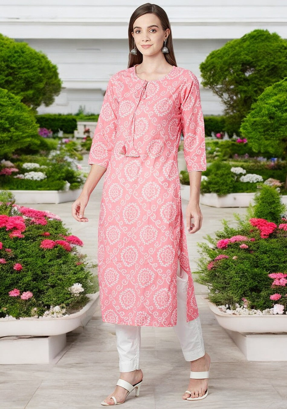 Baby Pink Bandhej Straight Kurta