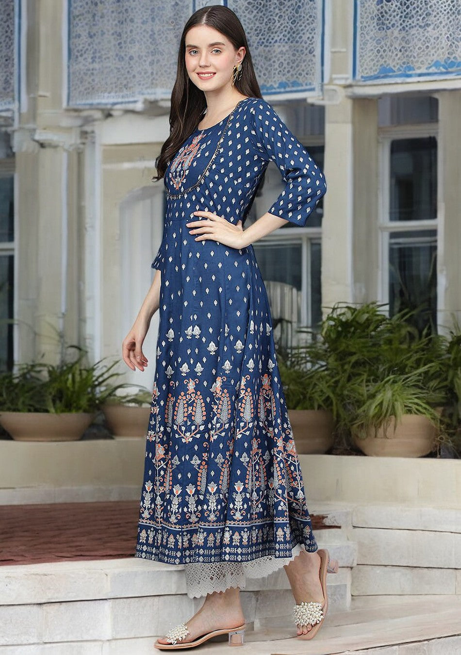 Indigo Ethnic Motif Rayon Anarkali Kurta