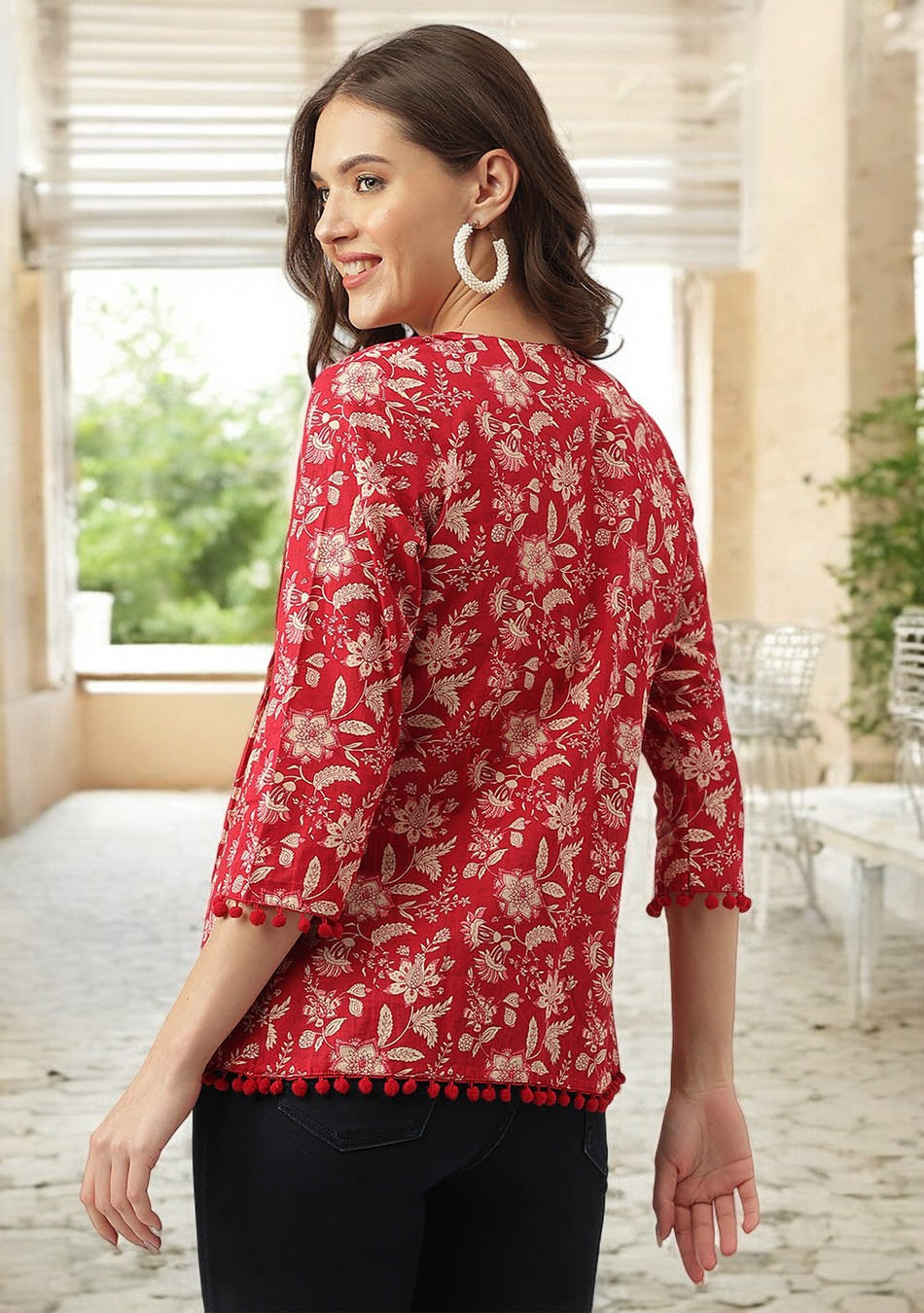 Red Floral Printed Cotton Peplum Top