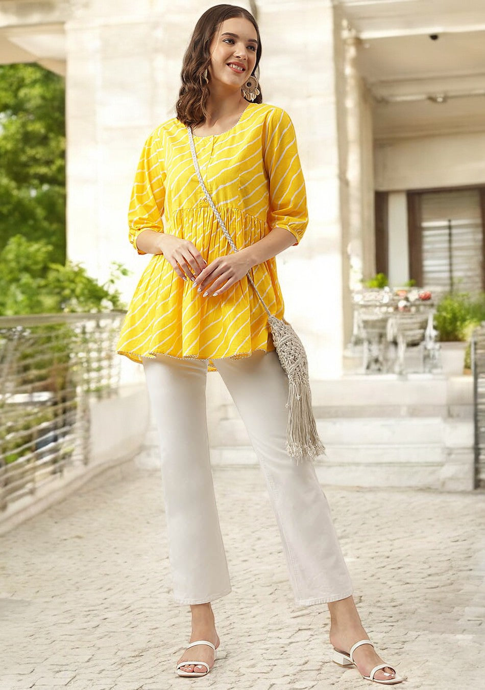 Stripe Printed Yellow Regular Cotton Top