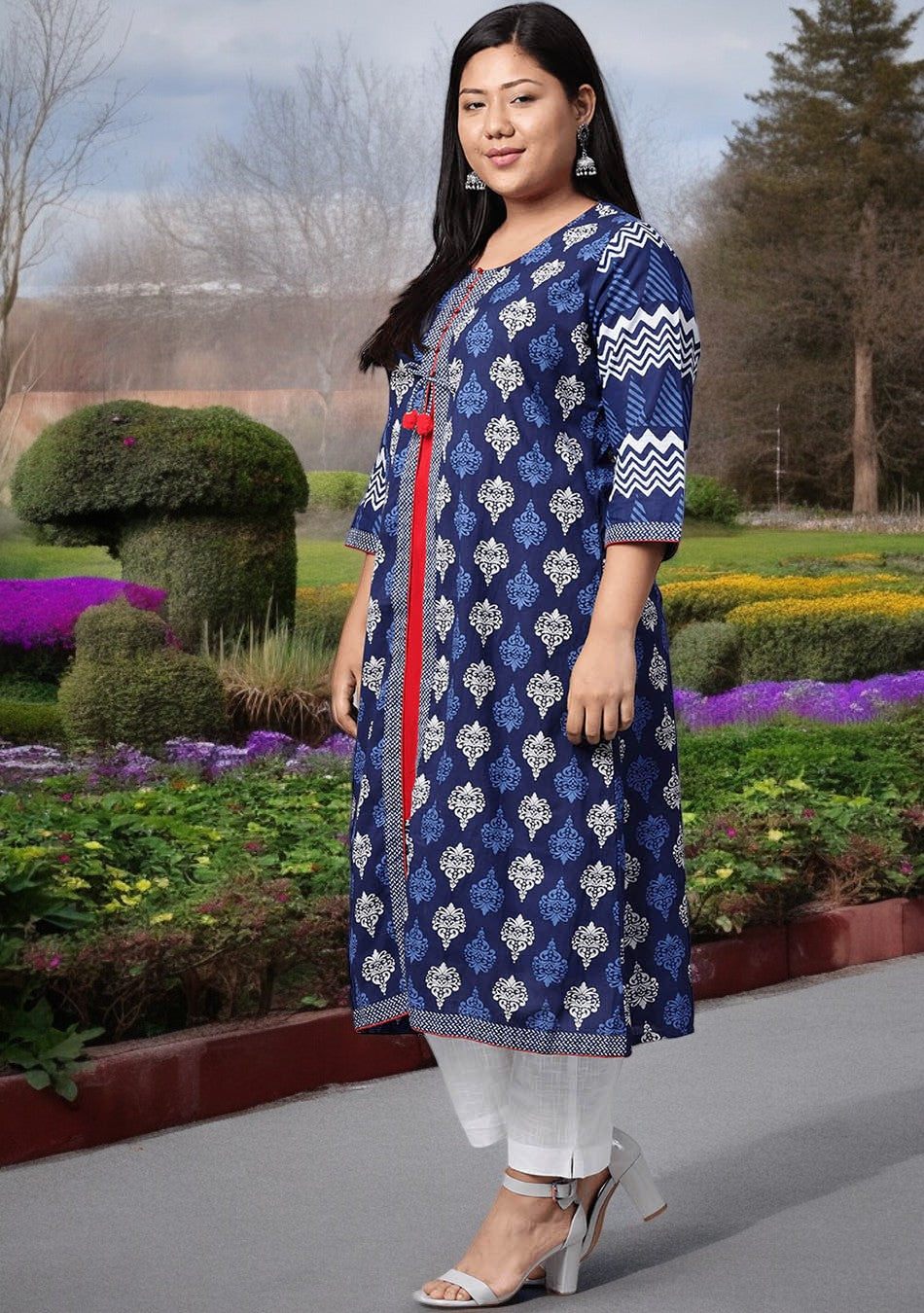 Blue Cotton & Rayon A-line Kurti