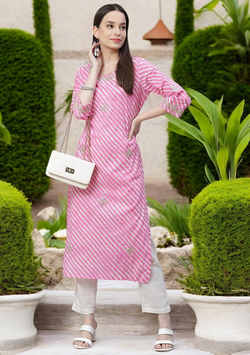 Pink Lahariya Cotton Gota patti Straight Kurta