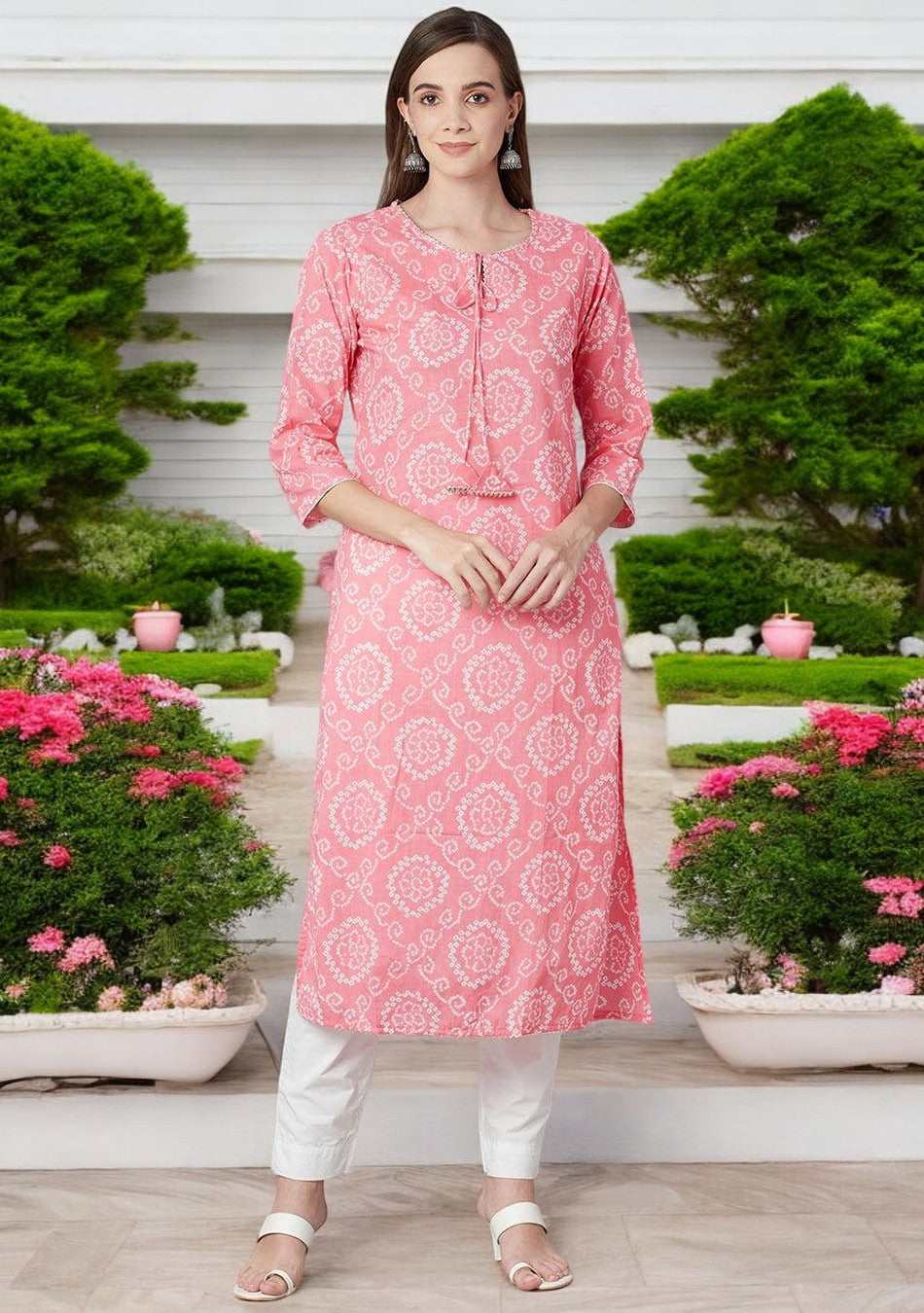 Baby Pink Bandhej Straight Kurta