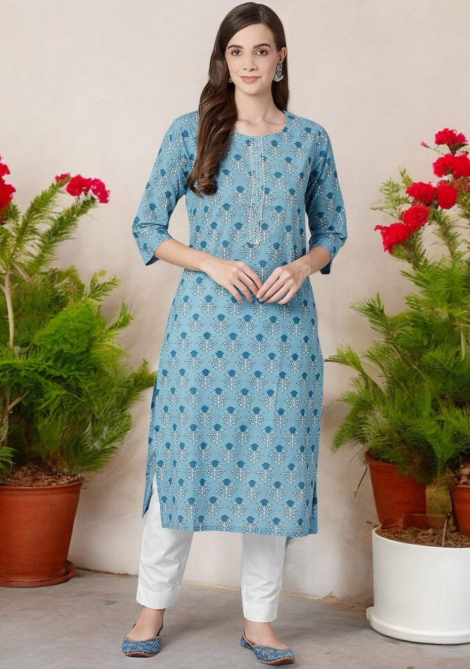 Sky blue Floral Straight Kurta