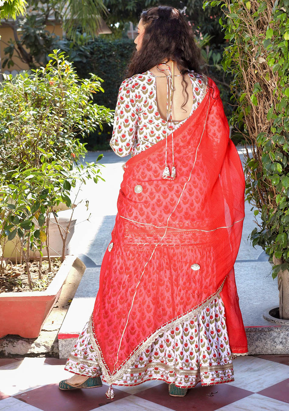 Red & White Cotton Dabu Printed Kurta Sharara Set with Kota Doria Dupatta