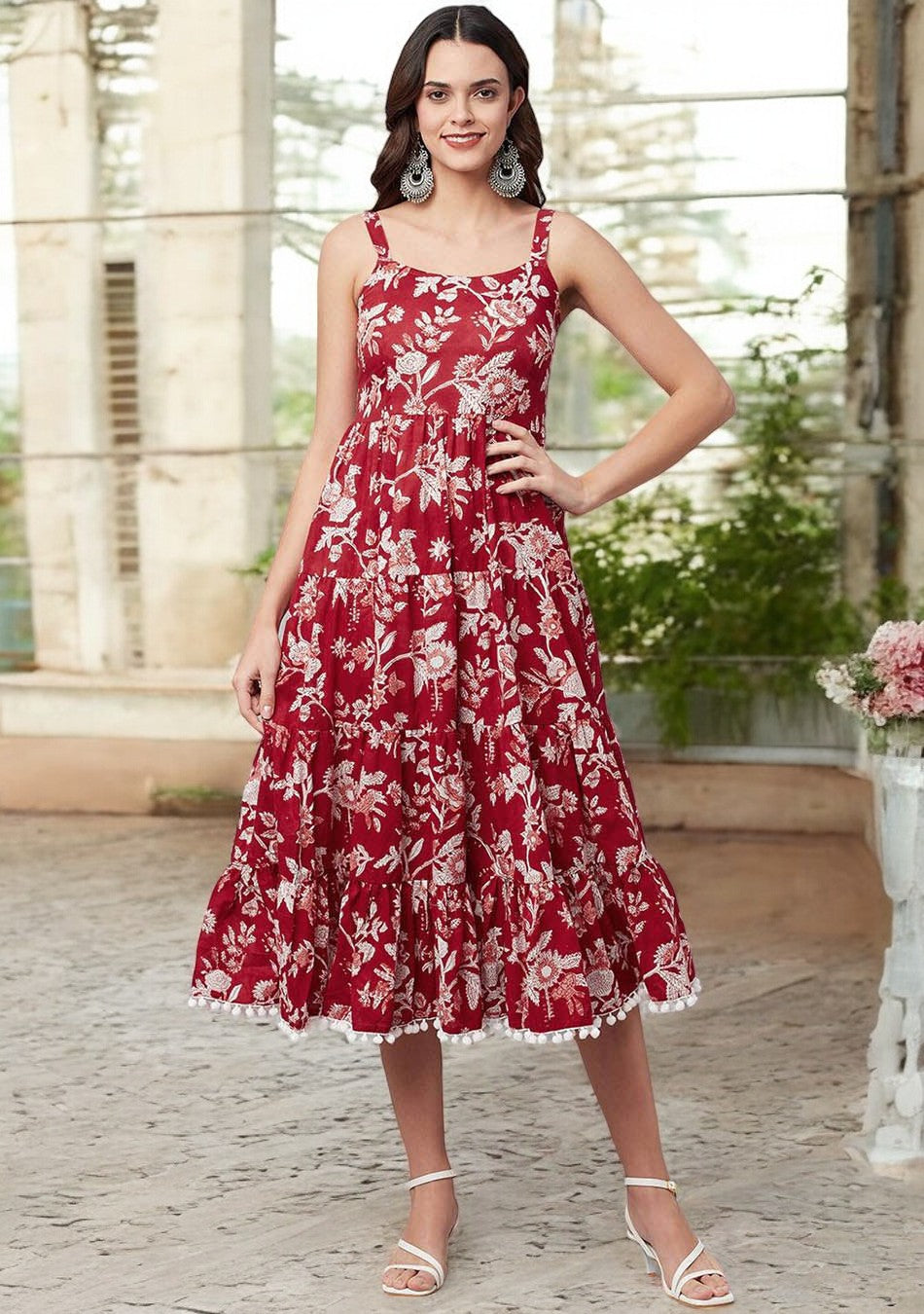 Red Floral Printed Shoulder Strap Long dress