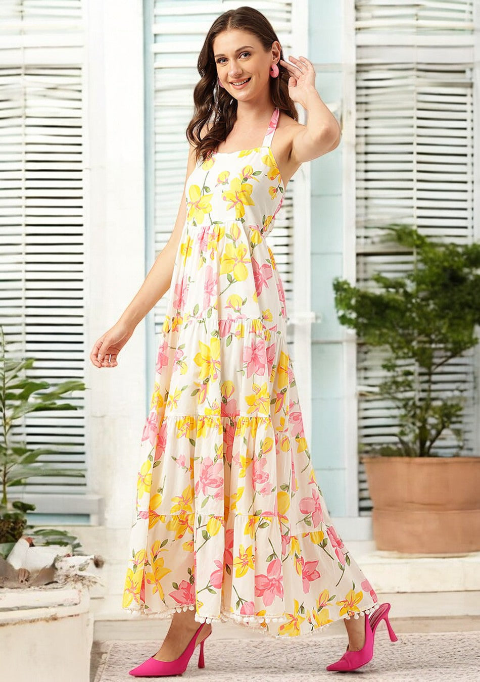 White Floral Printed Casual Maxi Dress