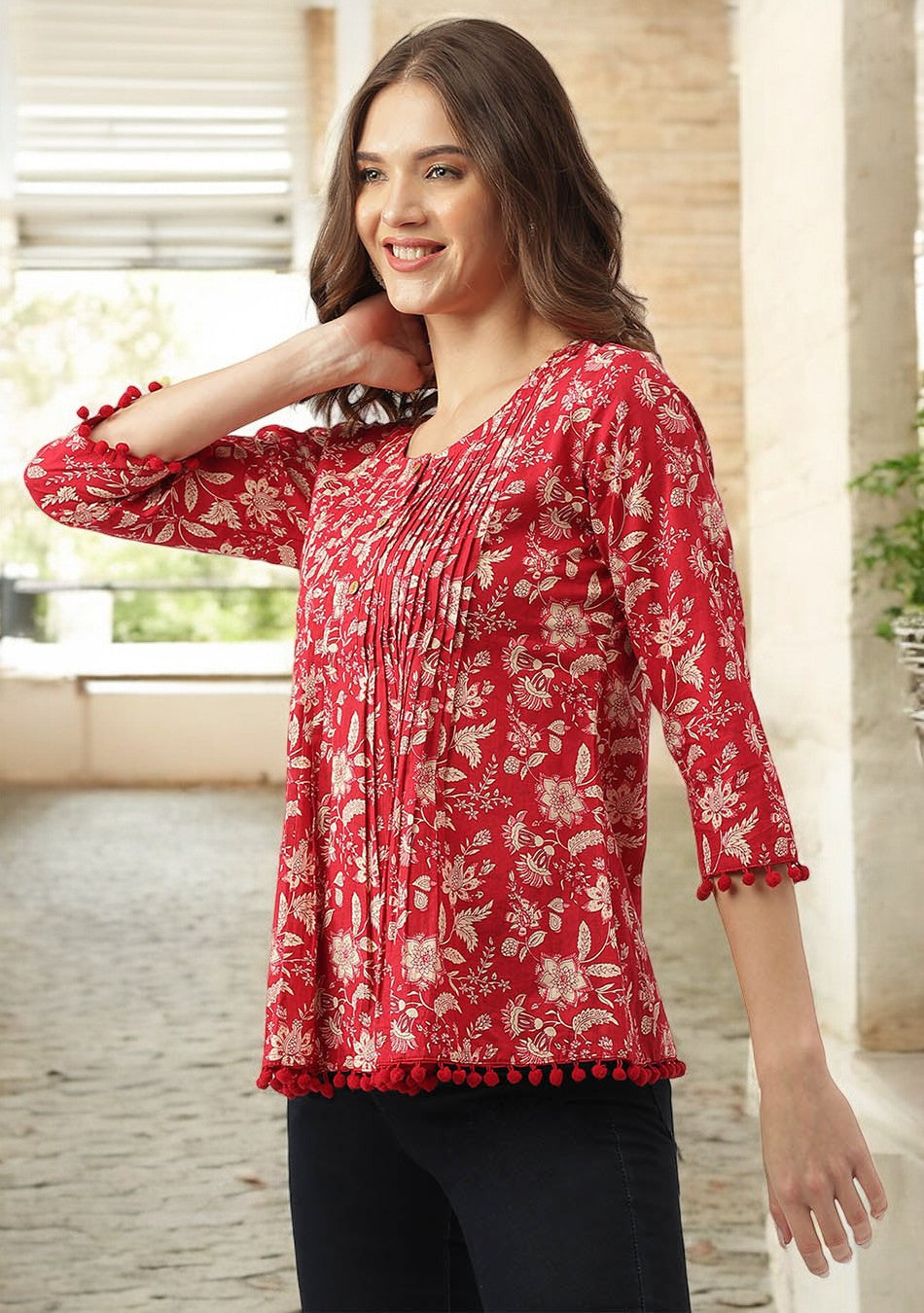 Red Floral Printed Cotton Peplum Top