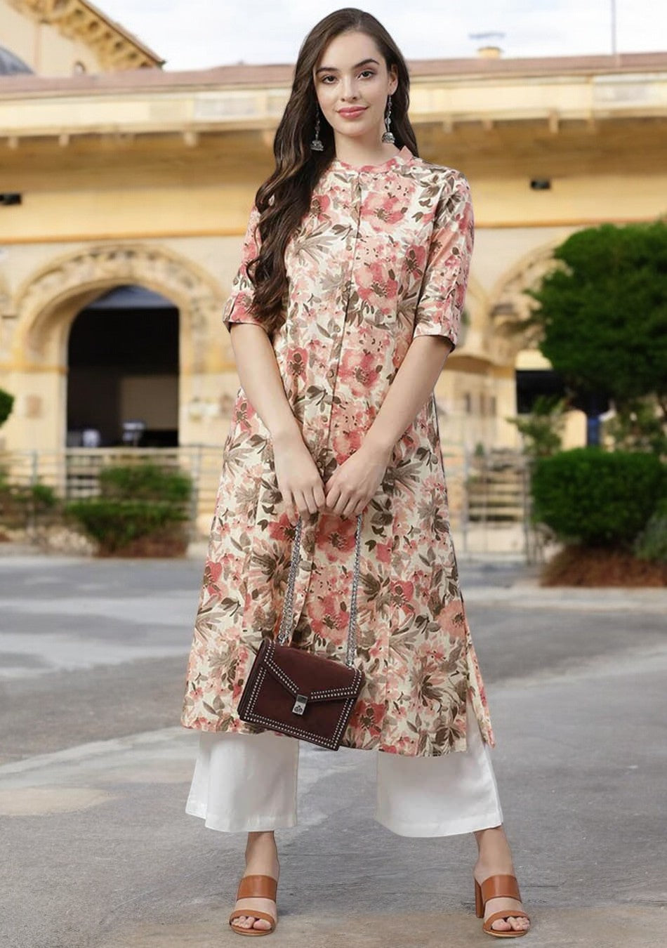 Cream Cotton Floral Print A-line Kurta