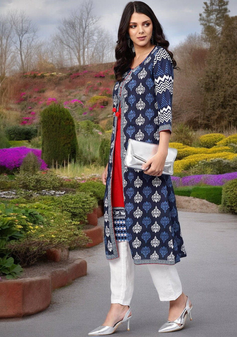 Blue Cotton & Rayon A-line Kurti