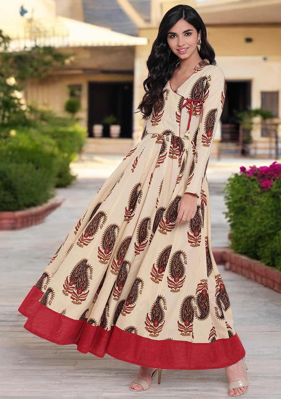 Cream Floor Length Cotton Anarkali Kurti