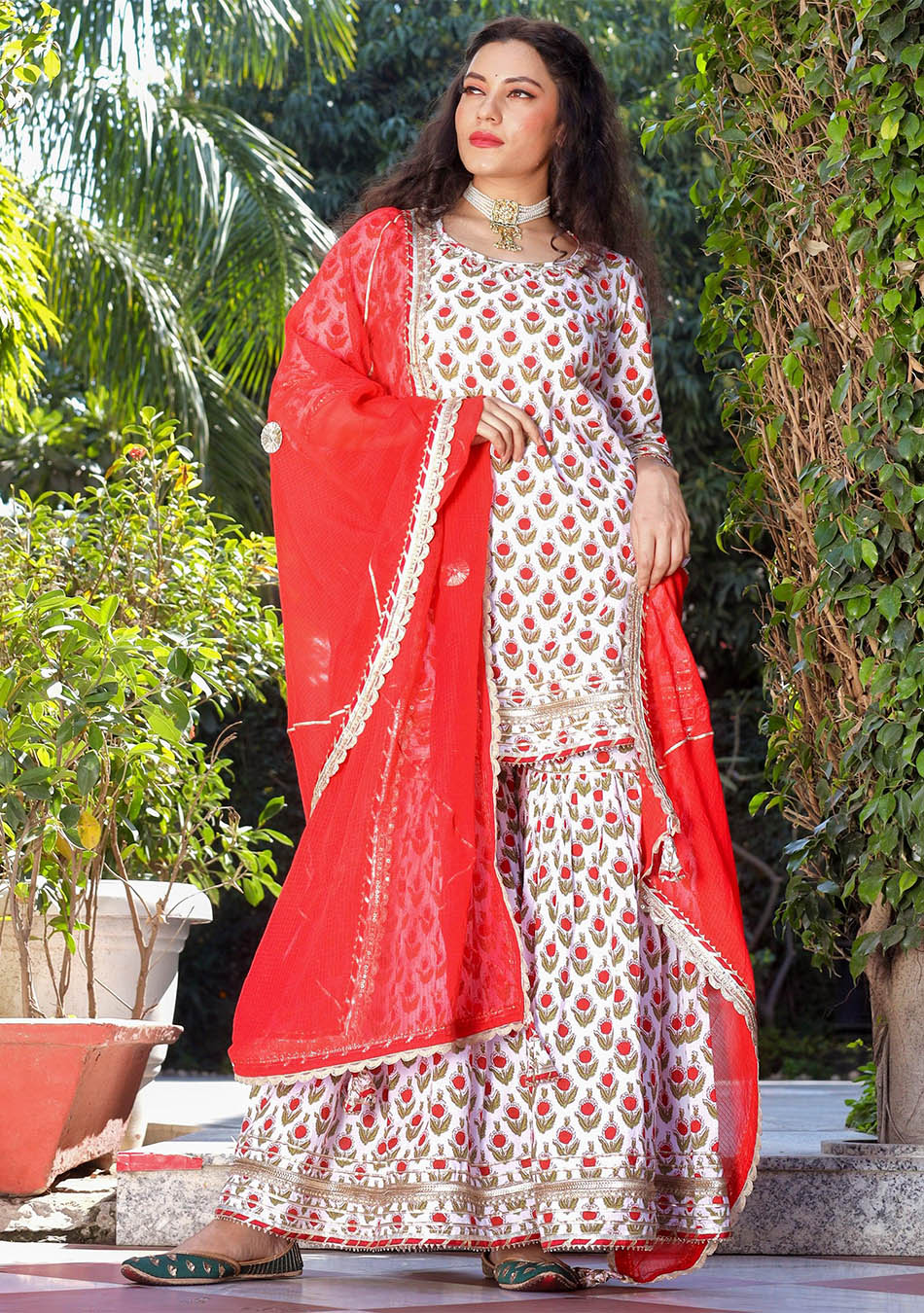 Red & White Cotton Dabu Printed Kurta Sharara Set with Kota Doria Dupatta