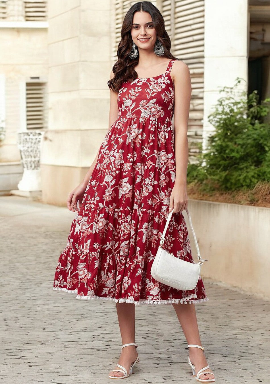 Red Floral Printed Shoulder Strap Long dress