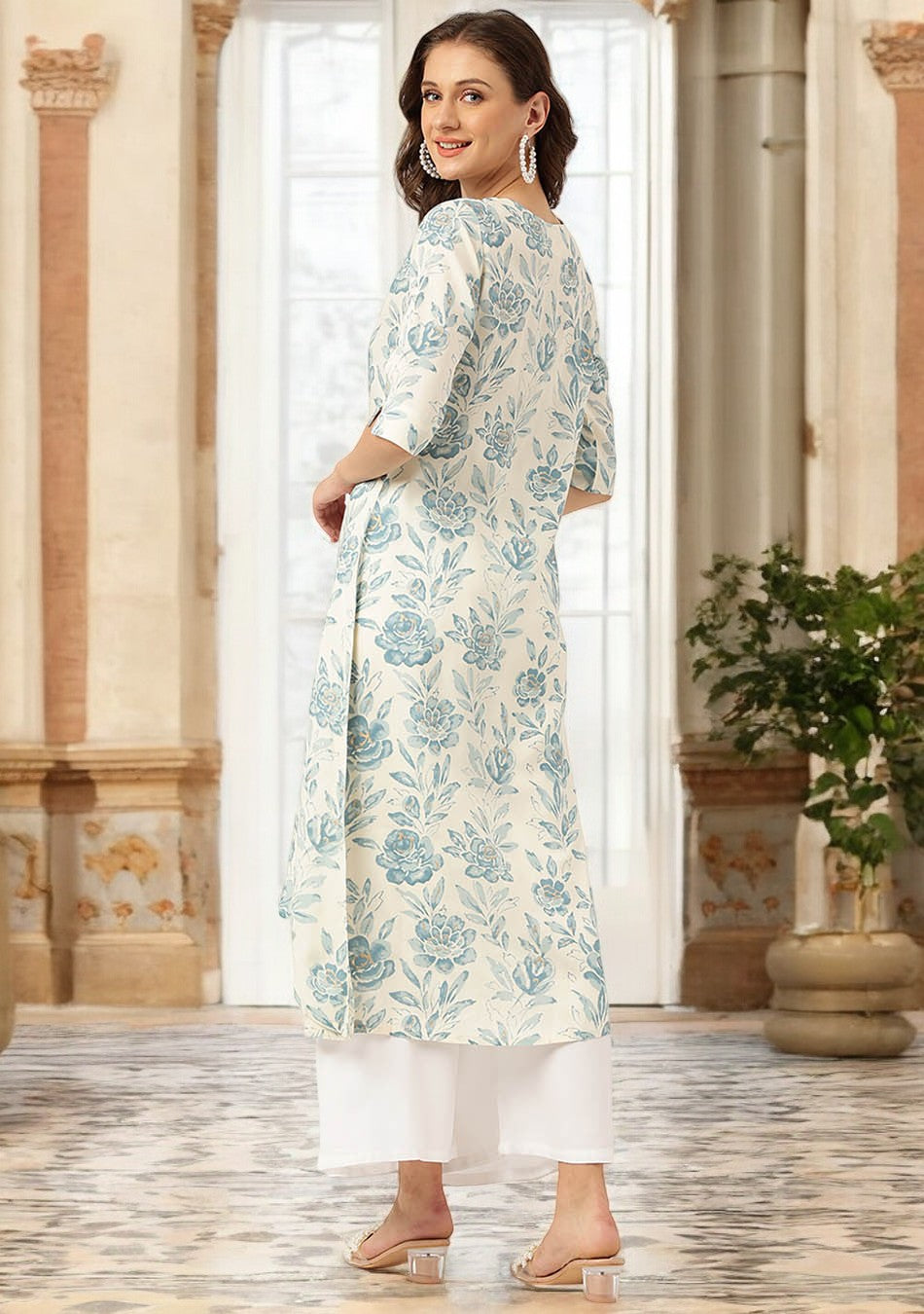 Floral Print A-line Kurta with Asymetric Hemline