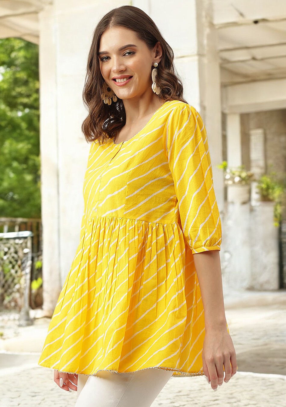 Stripe Printed Yellow Regular Cotton Top