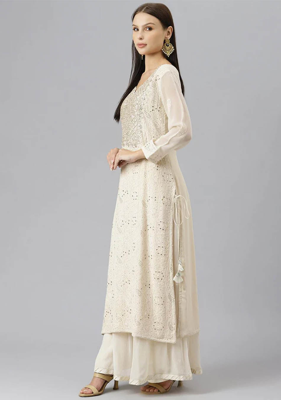 Ivory White Pure Rassion Chanderi Kurta Sharara Set with Dupatta.