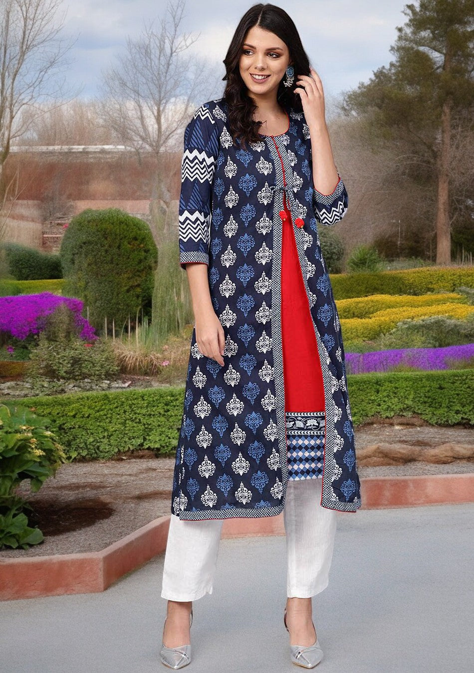 Blue Cotton & Rayon A-line Kurti