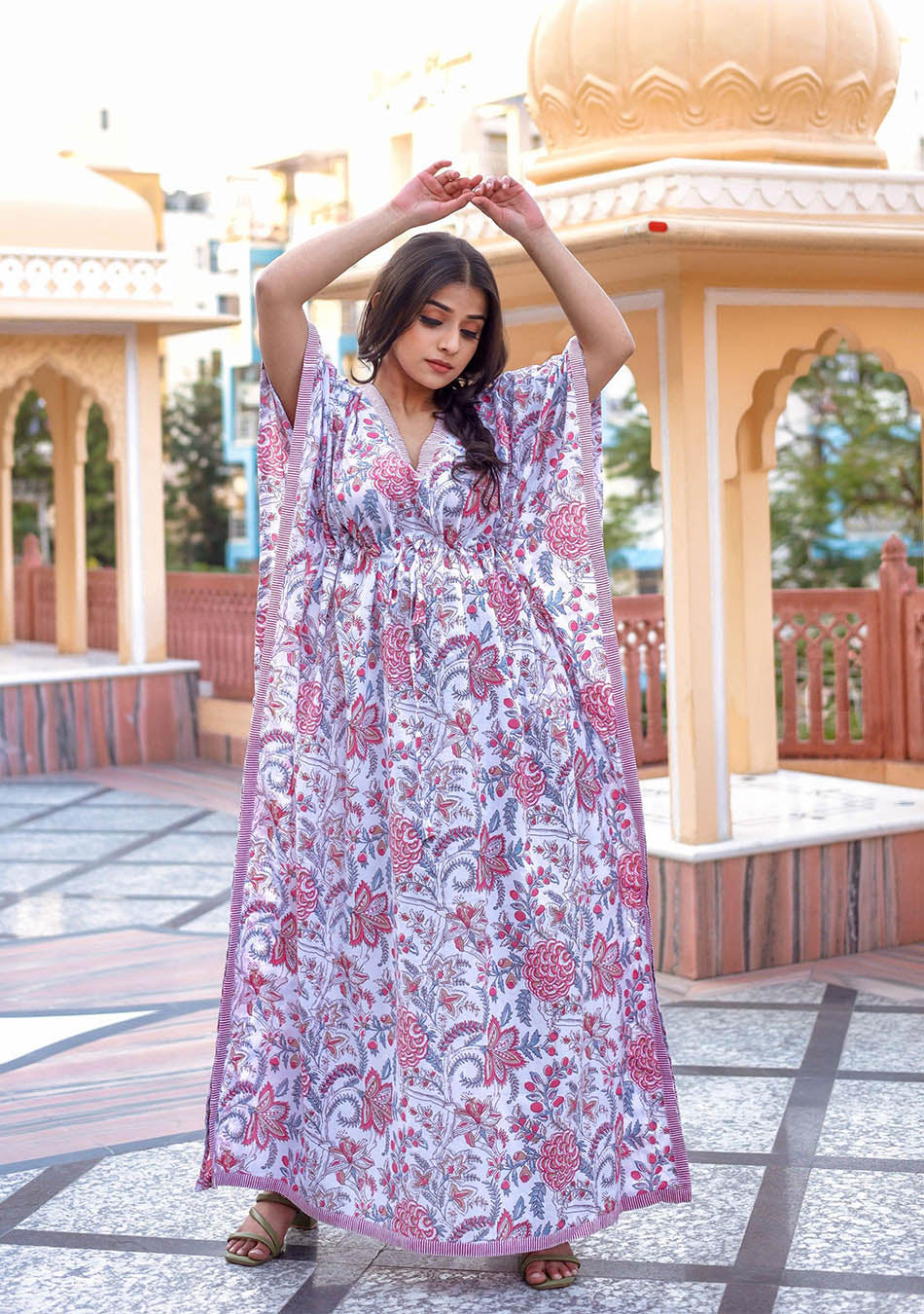 White And Pink Floral Print Kaftan