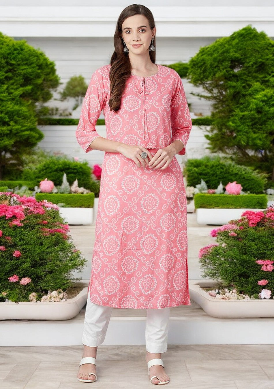 Baby Pink Bandhej Straight Kurta