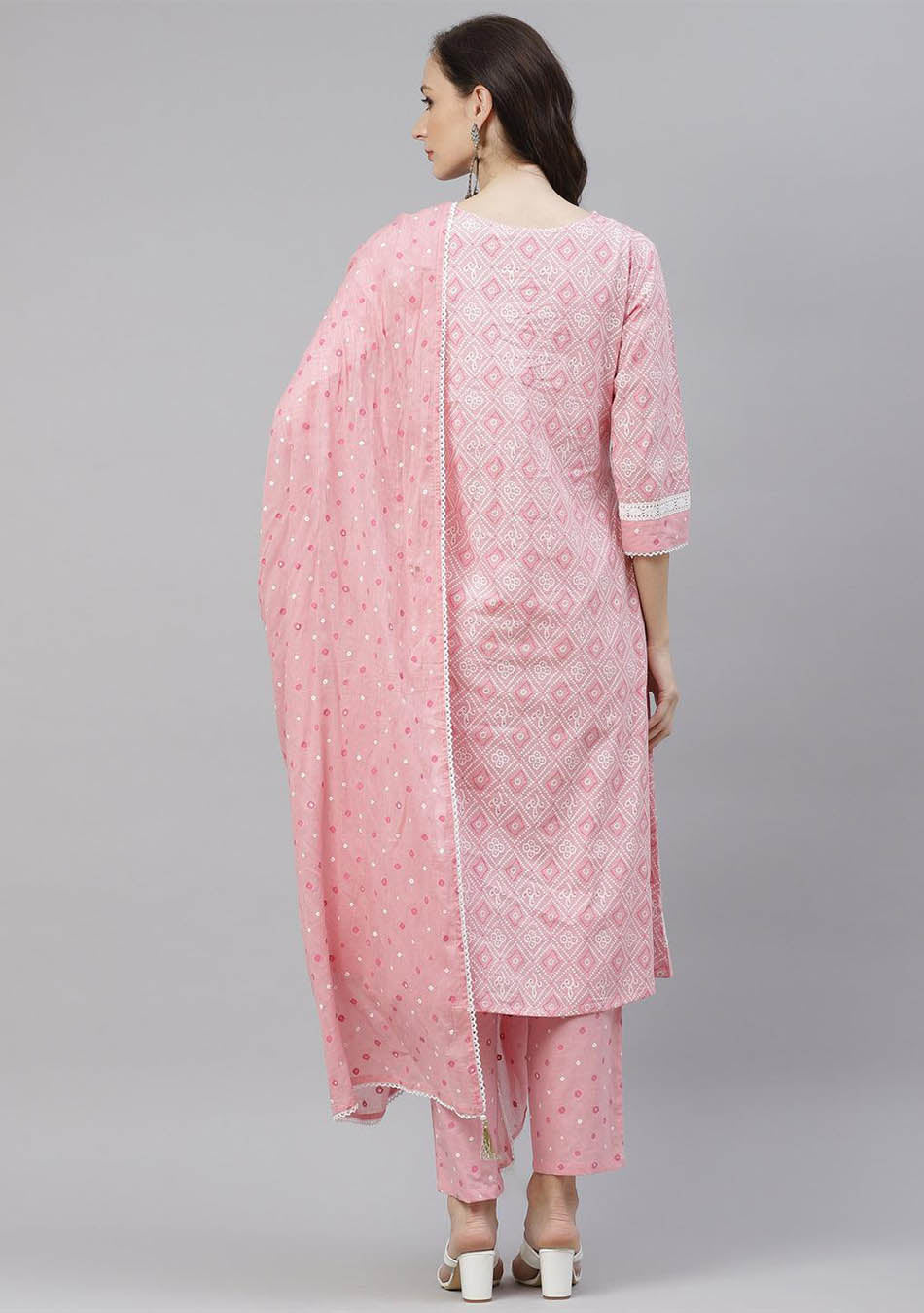 Pink Cotton A-Line Kurta Pant Set with Dupatta