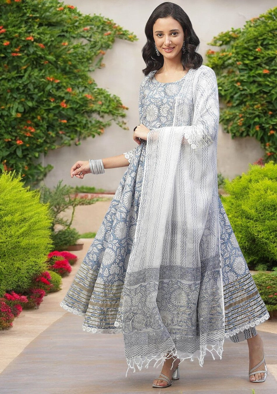 Sky blue Hand Block Printed Anarkali kurta Pant Set with Dupatta