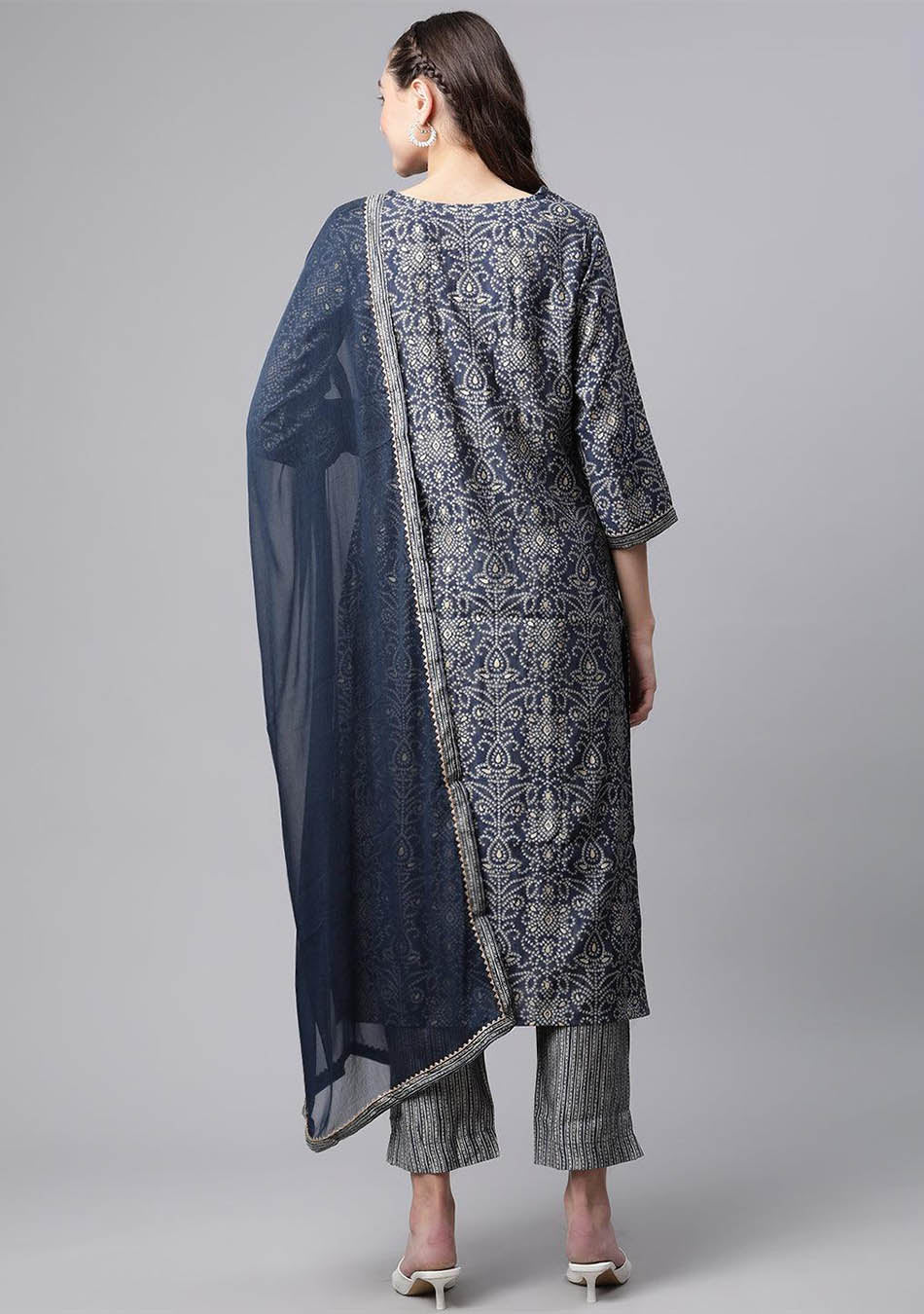 Blue Bandhani Print Chanderi Kurta Pant Set With Dupatta