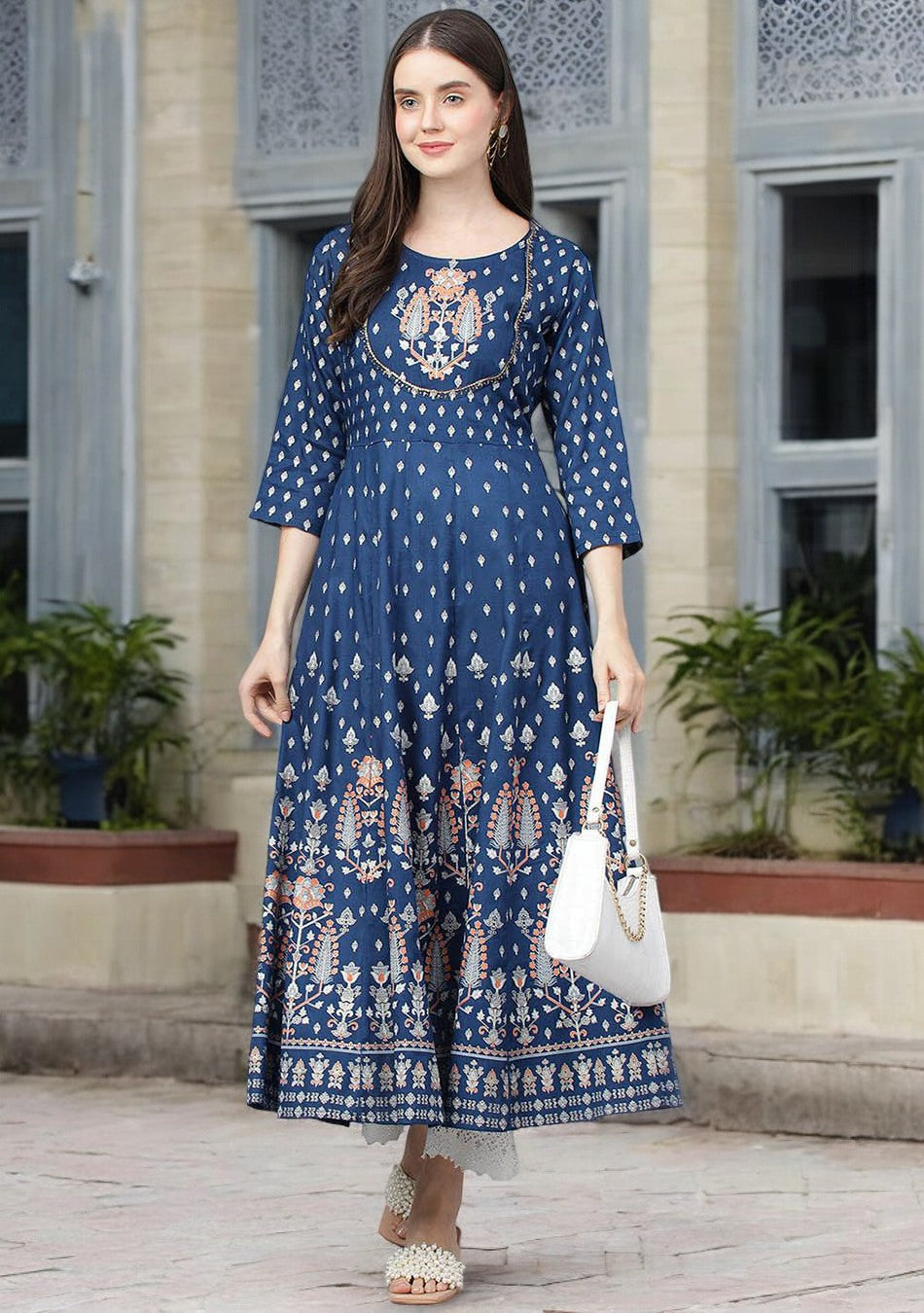 Indigo Ethnic Motif Rayon Anarkali Kurta