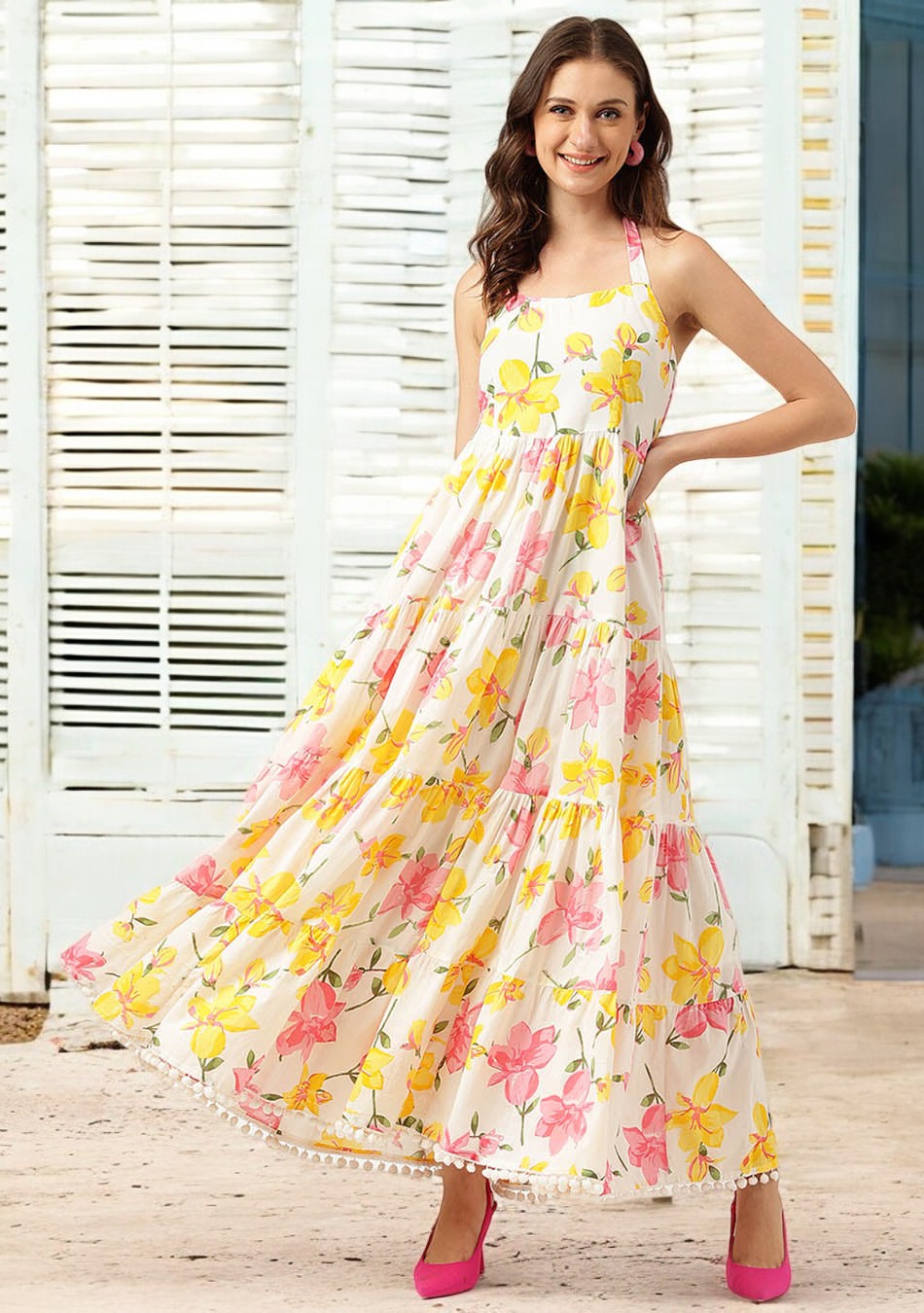 White Floral Printed Casual Maxi Dress