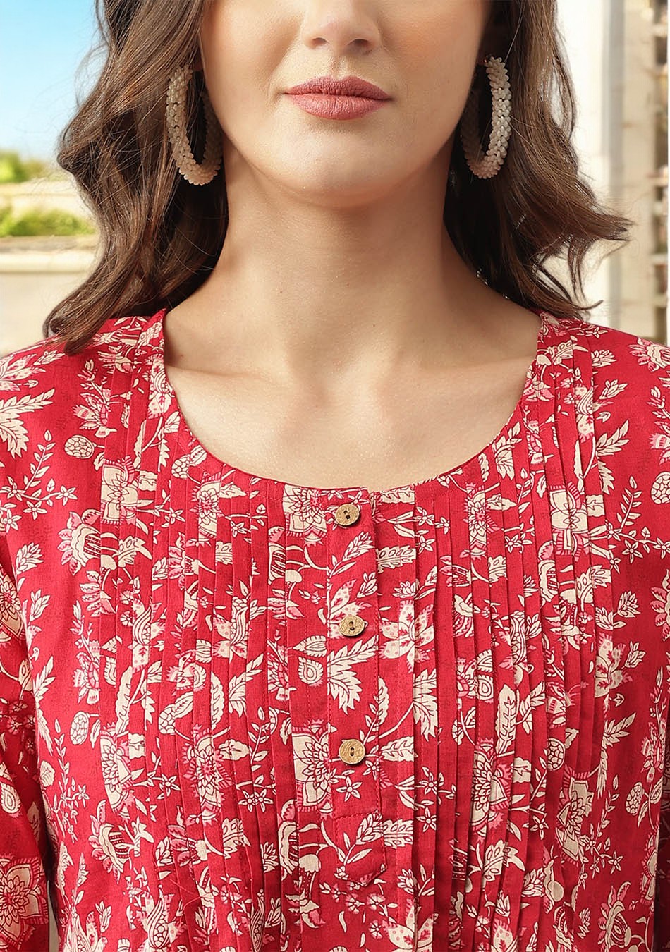 Red Floral Printed Cotton Peplum Top