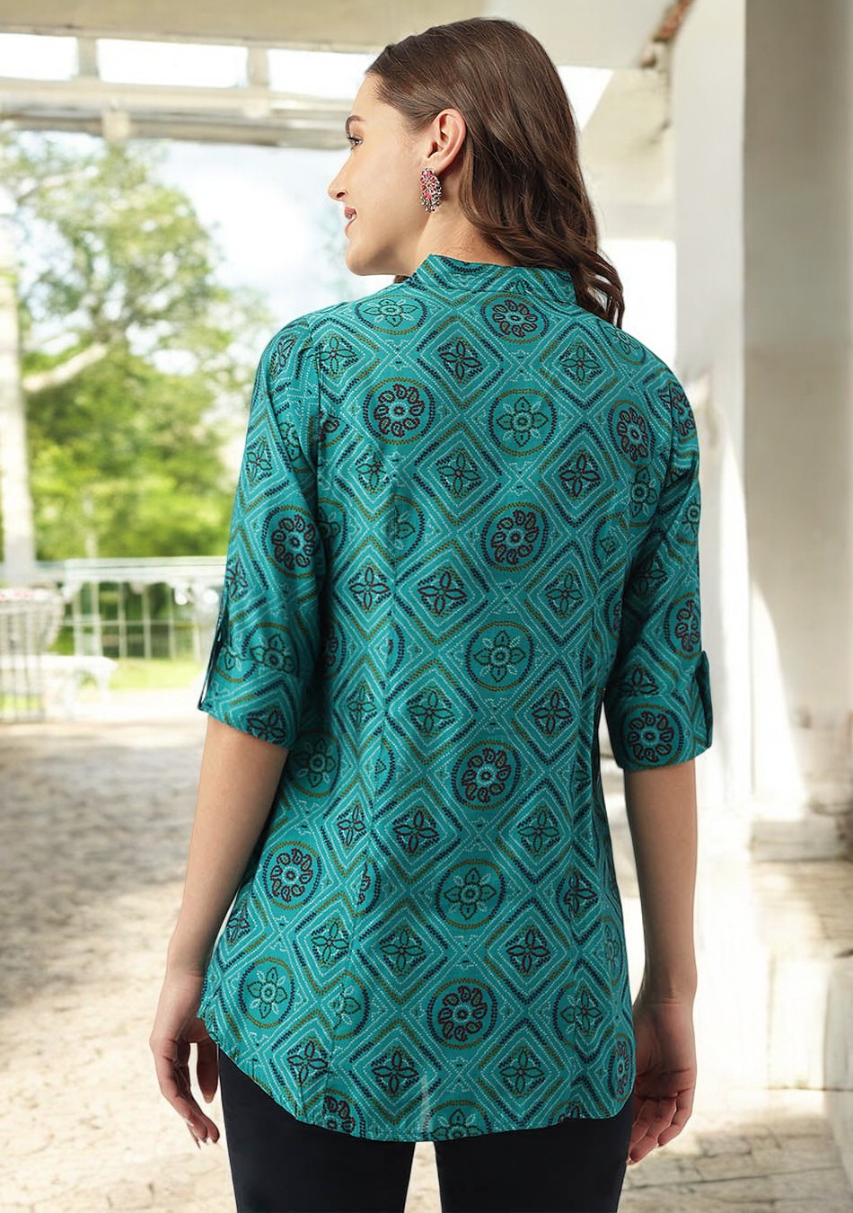 Turquoise Blue Printed Muslin Fold Sleeve top