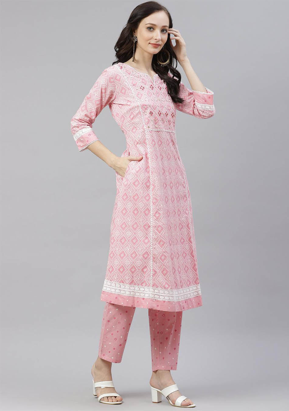 Pink Cotton A-Line Kurta Pant Set with Dupatta