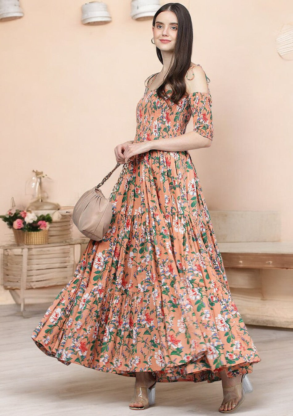 Peach Floral Printed Shoulder Strips Flared Long Dress