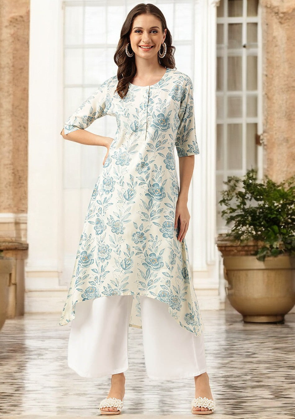 Floral Print A-line Kurta with Asymetric Hemline