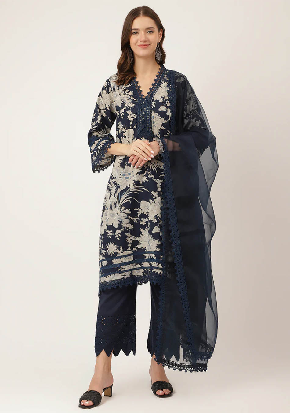 Navy Blue Floral Print Cotton Kurta, Trouser With Dupatta