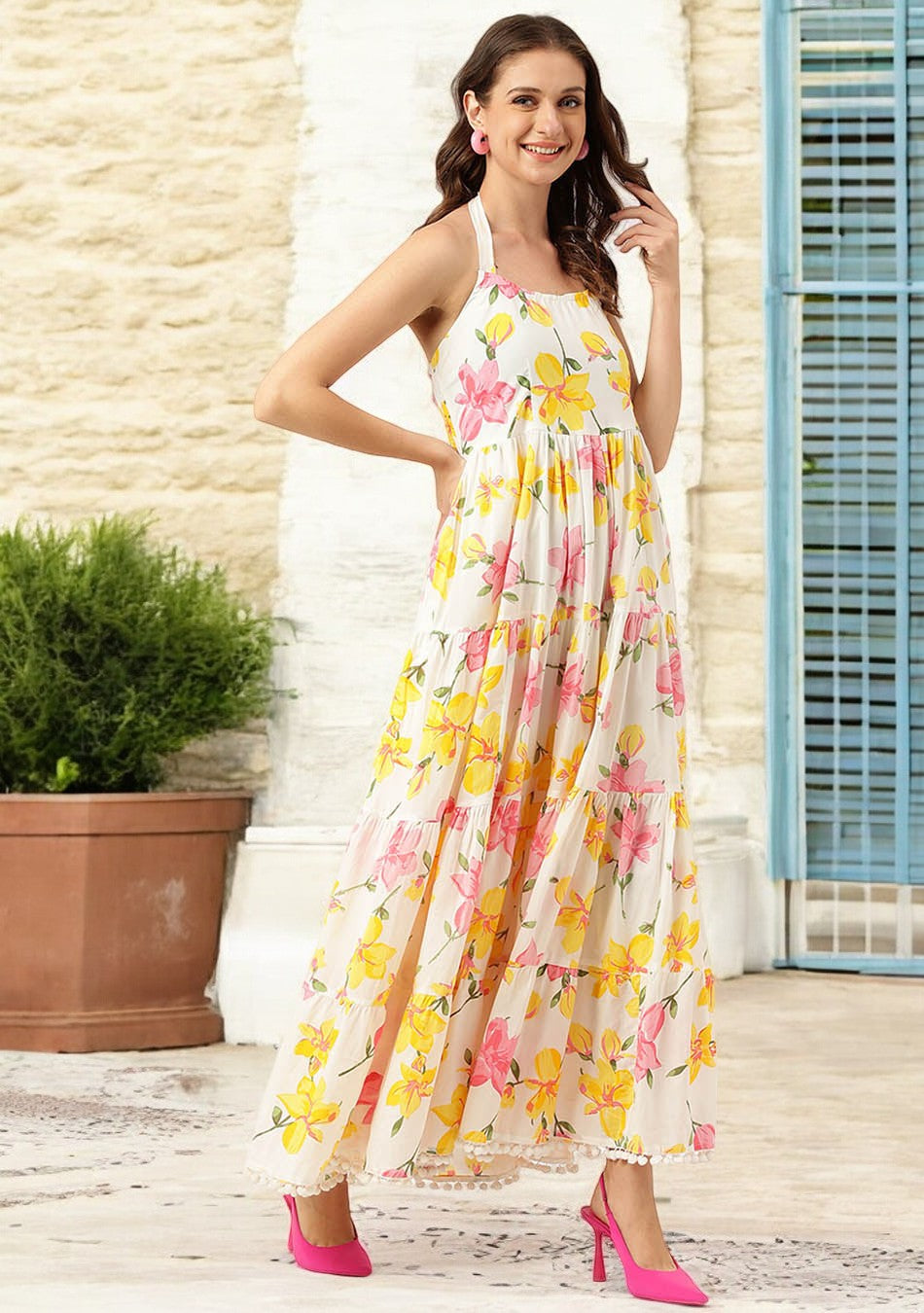 White Floral Printed Casual Maxi Dress