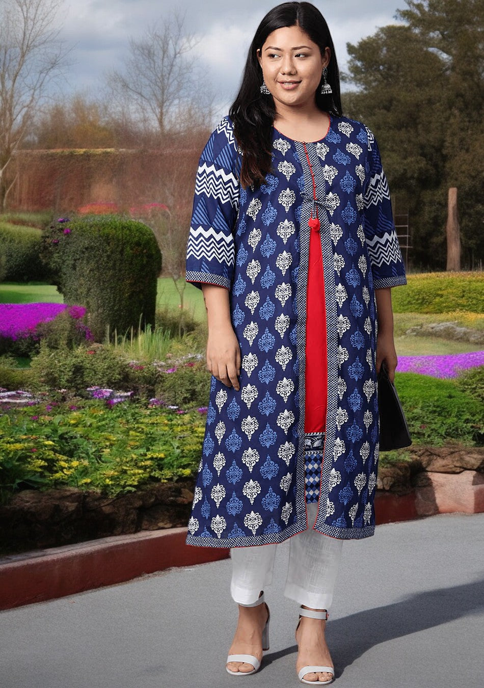 Blue Cotton & Rayon A-line Kurti