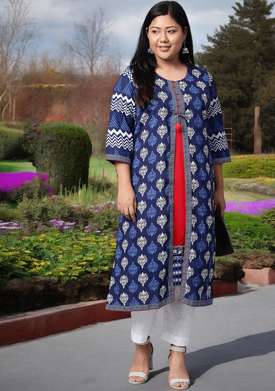 Blue Cotton & Rayon A-line Kurti