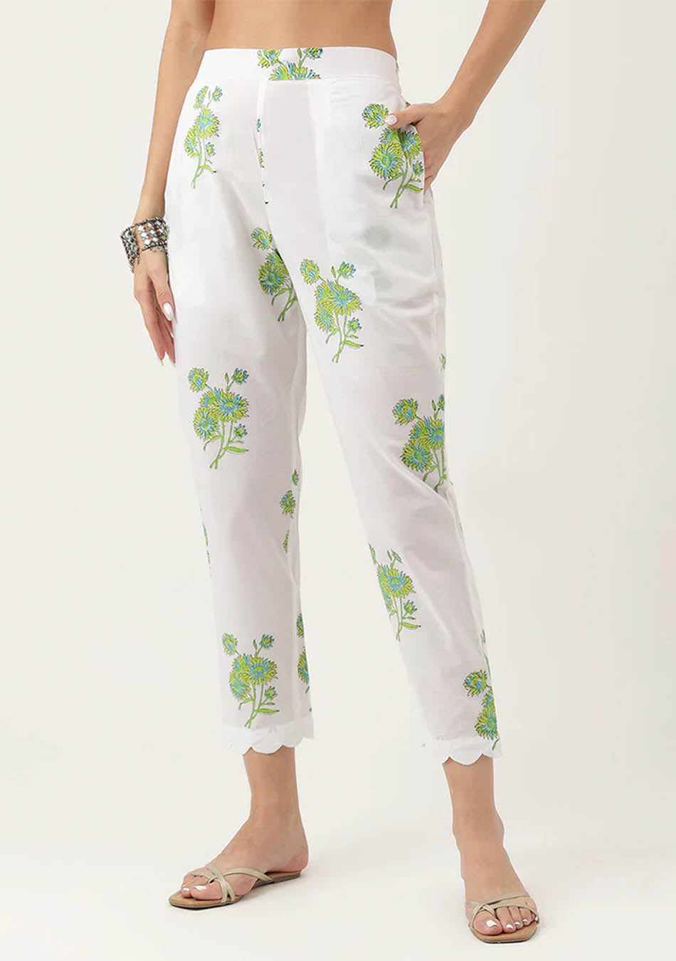 Rareism Women's Weigen White Cotton Fabric Relaxed Fit Floral Print Ankle  Length Trousers(26)