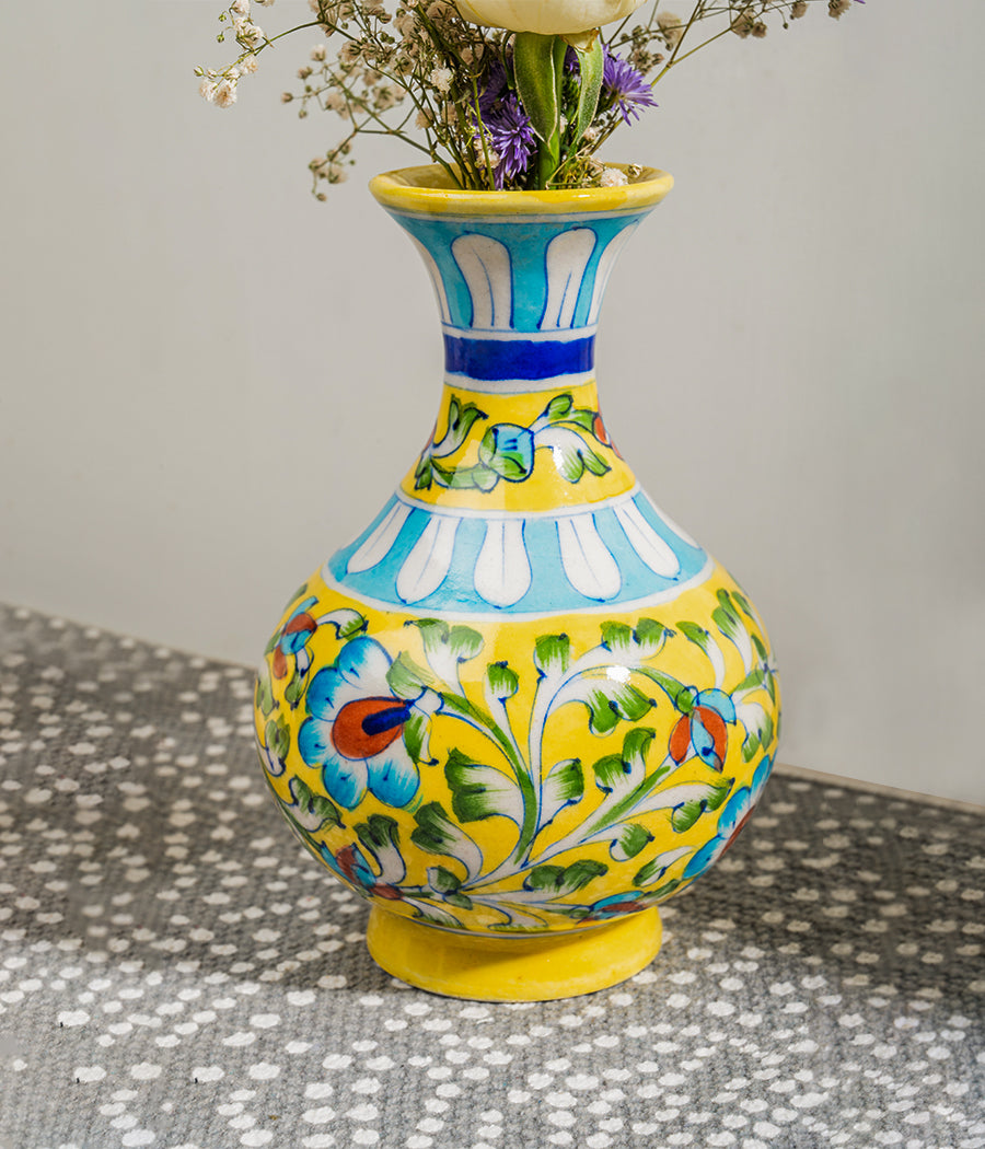 BLUE POTTERY YELLOW GENIE VASE