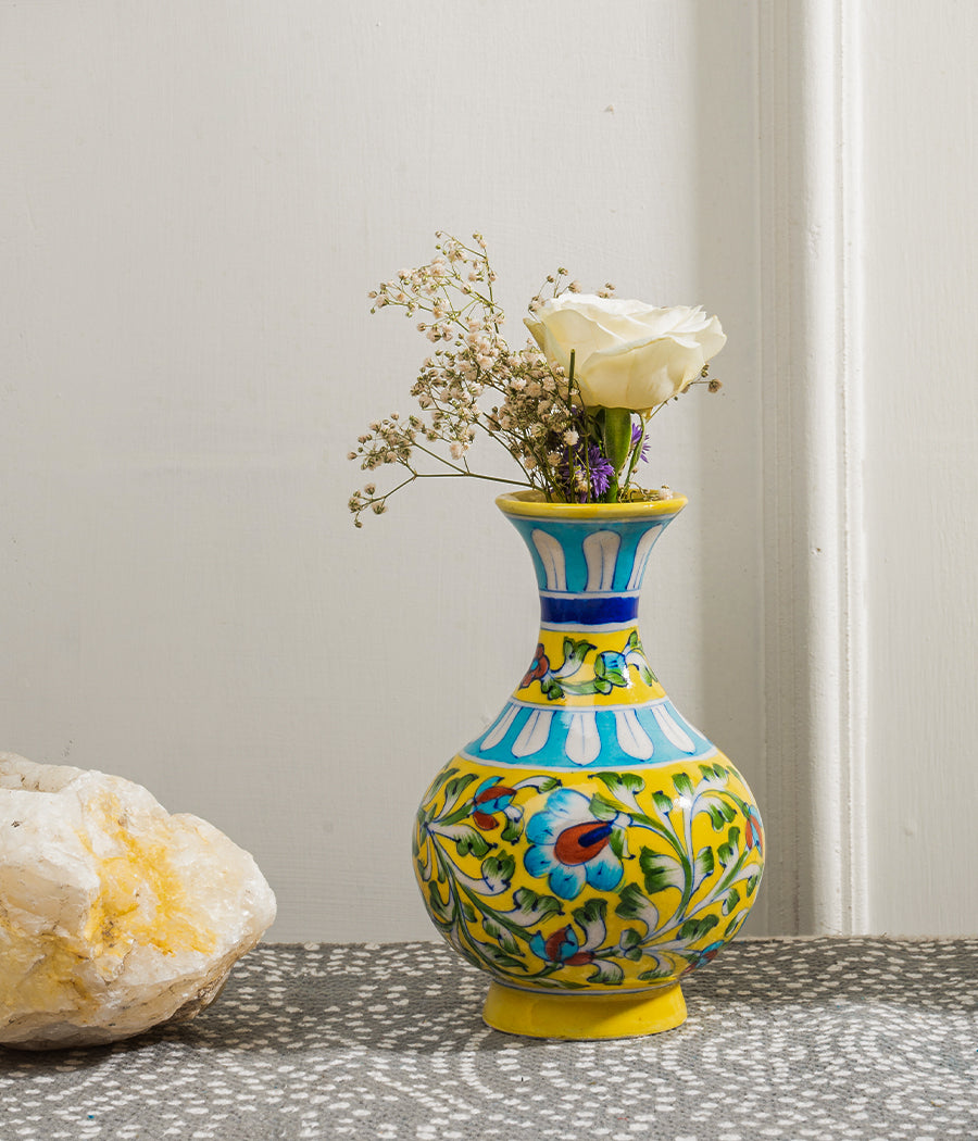 BLUE POTTERY YELLOW GENIE VASE