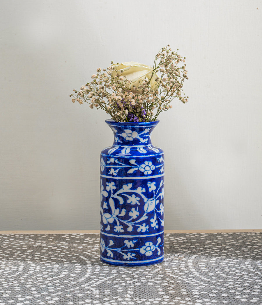 Blue Pottery White Floral Can Vase