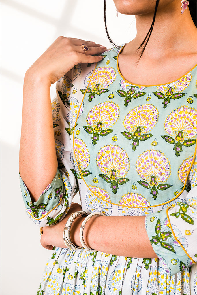 Hand-Block Printed Green Peafowl Inspired Kurta