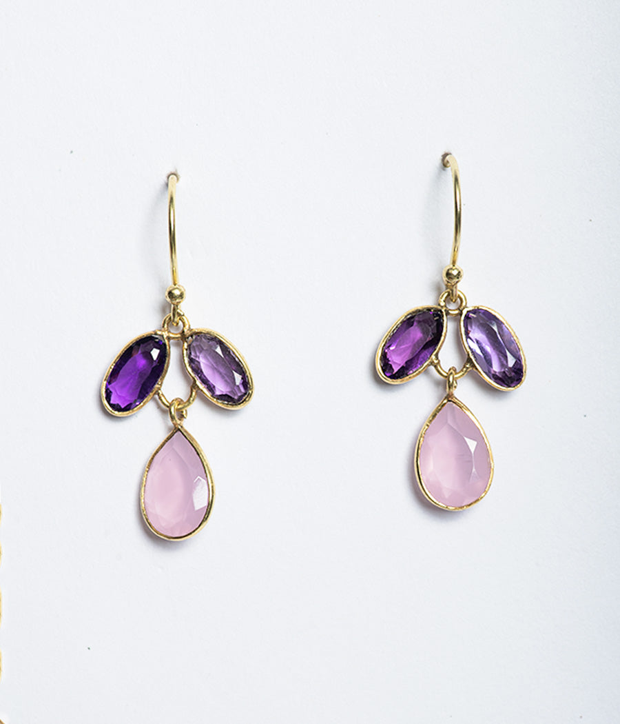 Rose Chalcedony & Amethyst Earrings with Gold Plating